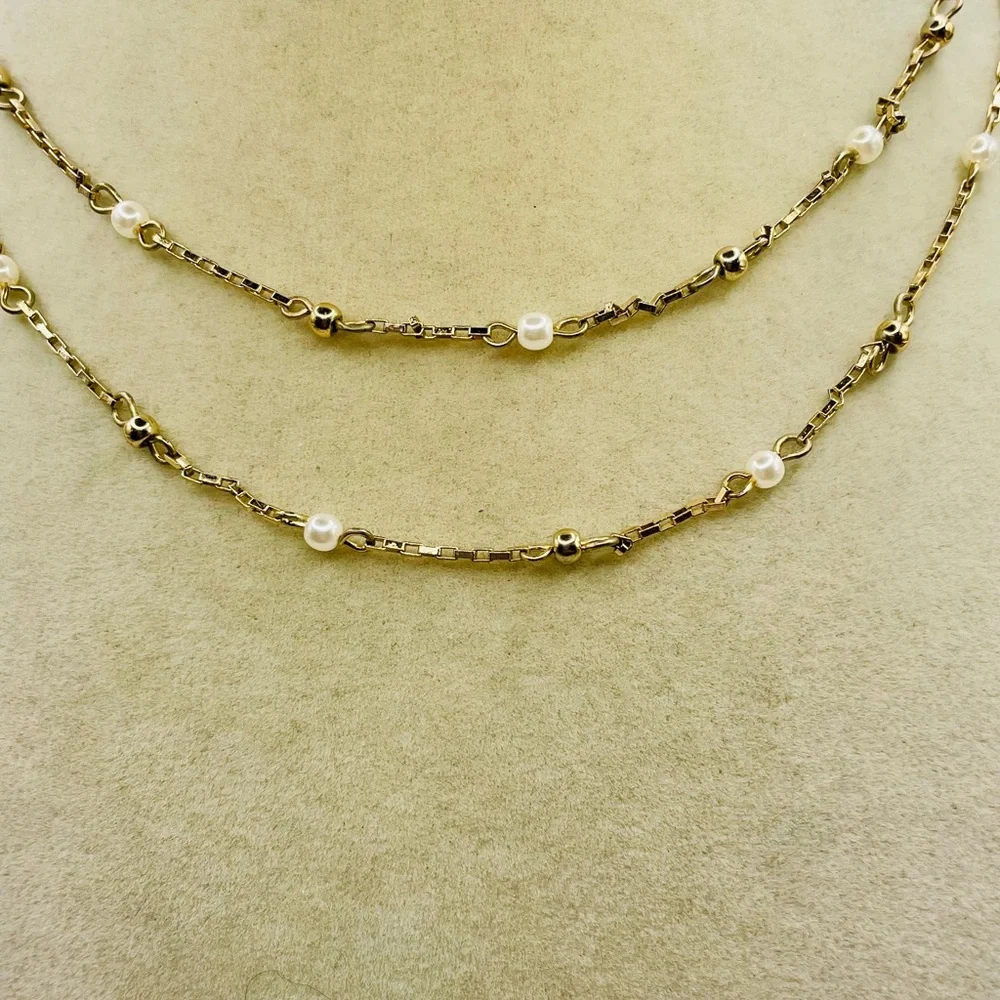 LOFT Gold and Pearl Bead Station Layered Necklace. 14 inches w/a 3 inch extender - Picture 2 of 5